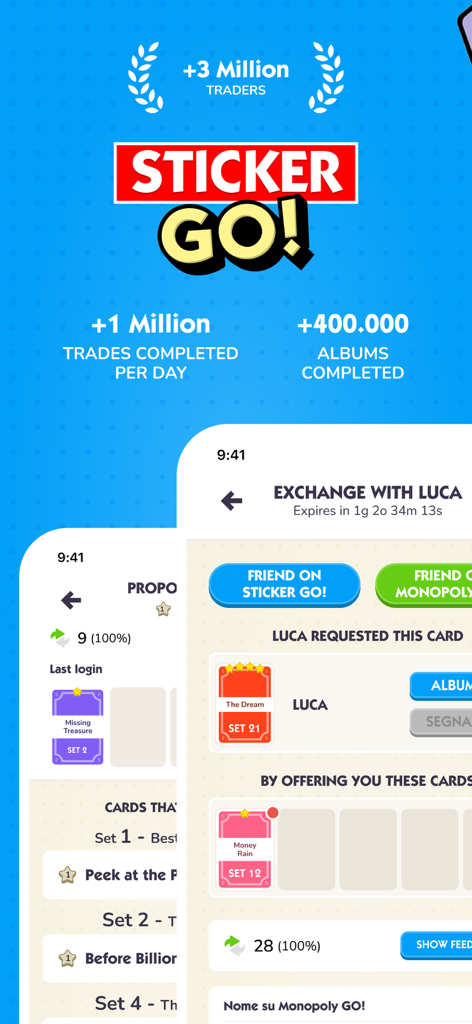 Sticker GO! - Tela promocional do aplicativo Sticker GO mostrando a interface de troca de figurinhas e estatísticas de negociação da comunidade para Monopoly GO