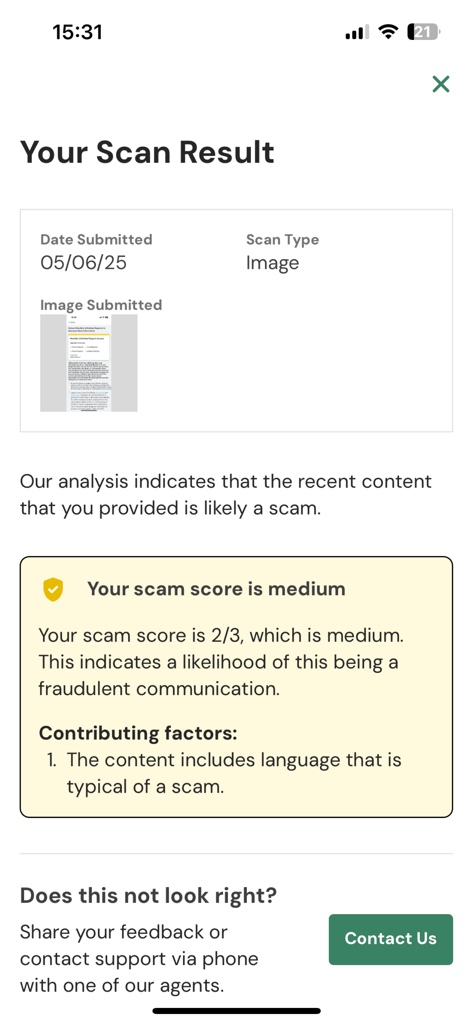 TruthFinder app screen showing a scan result with a medium scam score for potential fraudulent content.