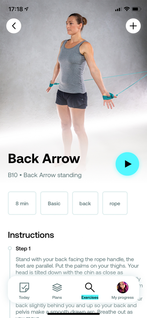 Spiralista - Back & Spine Care - Spiralista app interface showing the Back Arrow standing exercise instructions