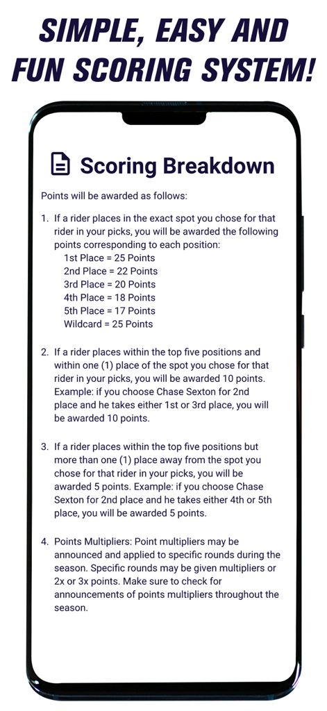 Detailed scoring breakdown for the RMFantasy Supercross and Motocross fantasy game showing points for race finish predictions