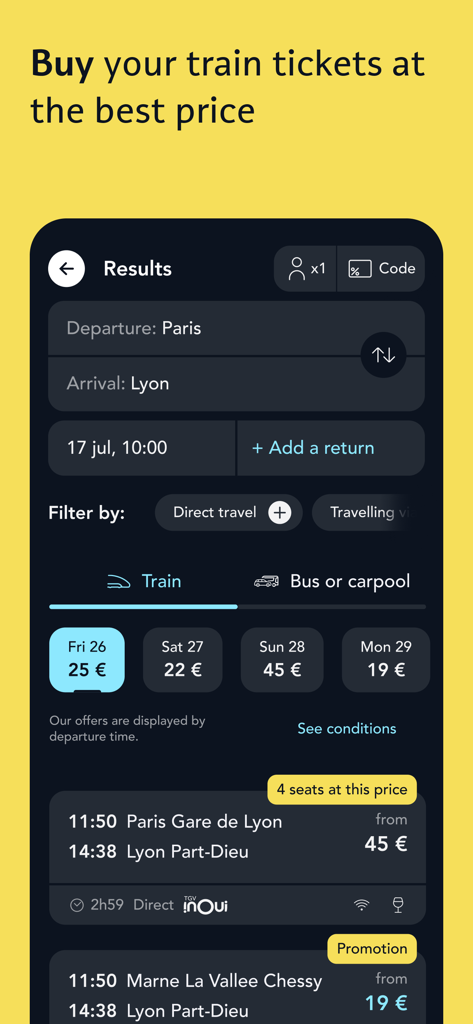 パリからリヨンへの列車のチケット検索結果と価格を表示するSNCF Connectアプリ