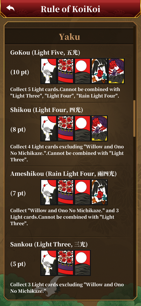 Hanafuda･Koi Koi - Pantalla de reglas del juego Hanafuda Koi Koi que muestra las combinaciones de cartas Yaku ganadoras y sus valores en puntos.