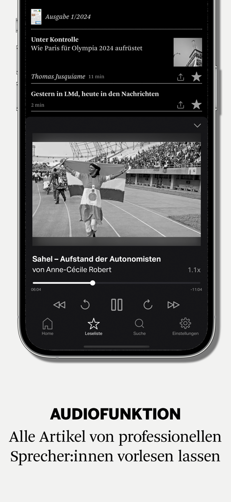 Le Monde diplomatique - Eine mobile Oberfläche der Le Monde diplomatique App, die ihre Audiofunktion für kommentierte Artikel präsentiert