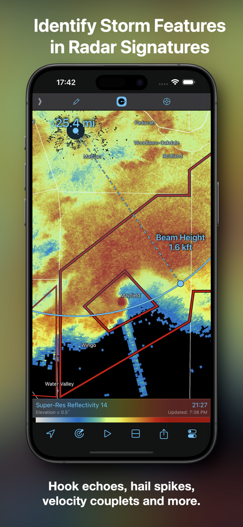 RadarScope app screenshot showing a radar map with distance and beam height markers to identify storm features.