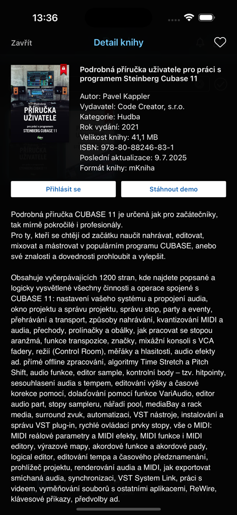 Publi - A book detail screen in the Publi app showing information for a Steinberg Cubase 11 technical manual