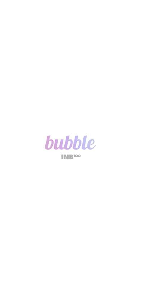 The splash screen for the bubble for INB100 mobile app featuring the pink and purple gradient logo on a white background