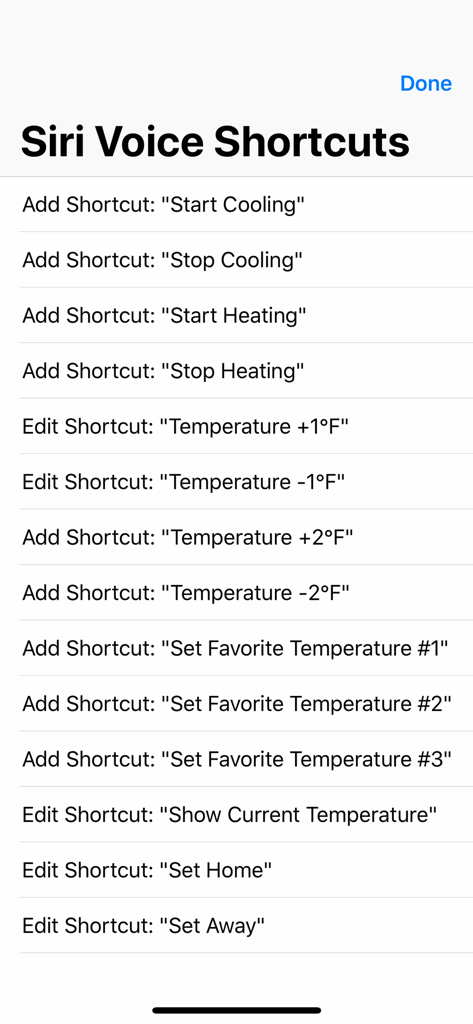 Uma lista de Atalhos de Voz da Siri no aplicativo Thermo Watch para controlar termostatos Nest e Ecobee.