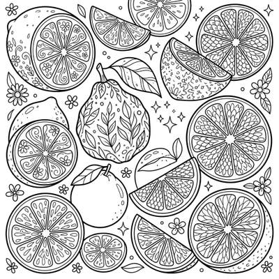 Dive into a refreshing world with this intricate adult coloring page, bursting with beautifully detailed lemons, oranges, and unique citrus varieties. Designed for adults, it offers a mindful and artistic escape for stress relief.
