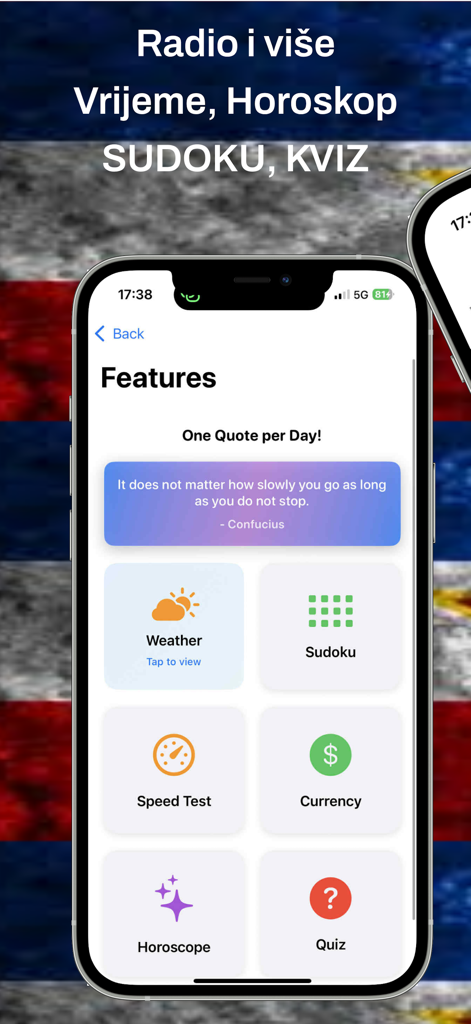 ExYu FM – Balkan Radio - A mobile interface of the ExYu FM app showing various lifestyle features including weather, horoscope, sudoku, and quiz
