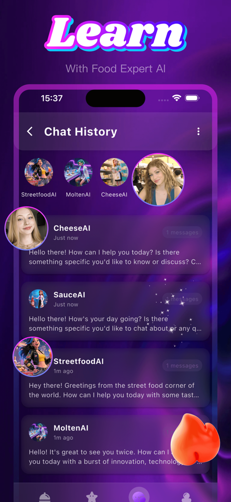 Mobile app interface of Tammo showing a chat history with specialized culinary AI experts like CheeseAI and StreetfoodAI
