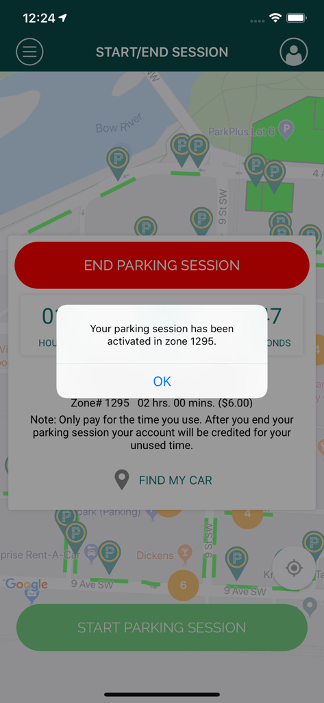 駐車ゾーンのマップとセッション有効化確認メッセージを表示するMyParkingアプリの画面。