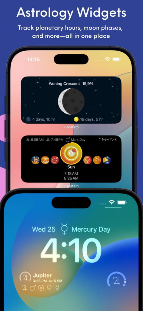 Planetary Hours by Planetaro - iPhone Home- und Sperrbildschirm-Widgets, die Planetenstunden, Mondphasen und Astrologiedaten aus der Planetaro-App anzeigen.