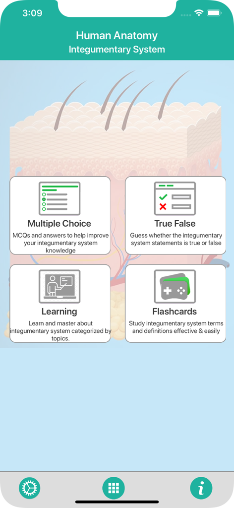 Anatomy : Integumentary System - クイズ、学習、フラッシュカードの学習モードを表示する外皮系解剖学アプリのメインメニュー