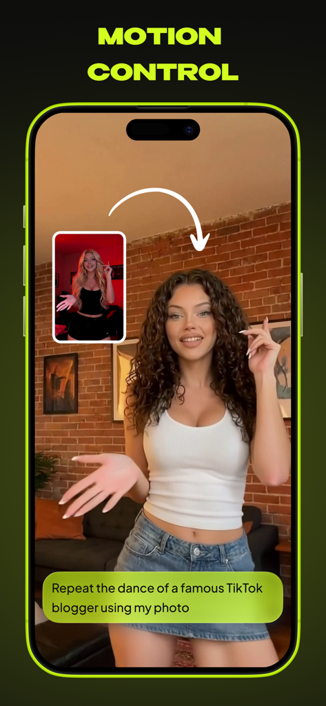 Qontrast AI: Video Generator - Qontrast AI app interface showing the motion control feature to animate a photo based on a dance reference video.