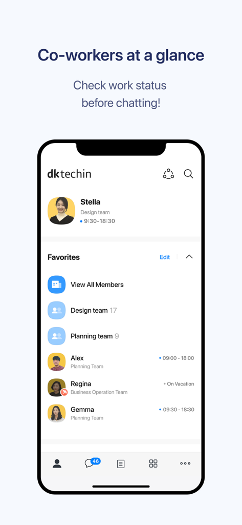 카카오워크 Kakao Work - Interfaz de la aplicación Kakao Work que muestra una lista de compañeros de trabajo con su estado de trabajo en tiempo real y horario laboral.