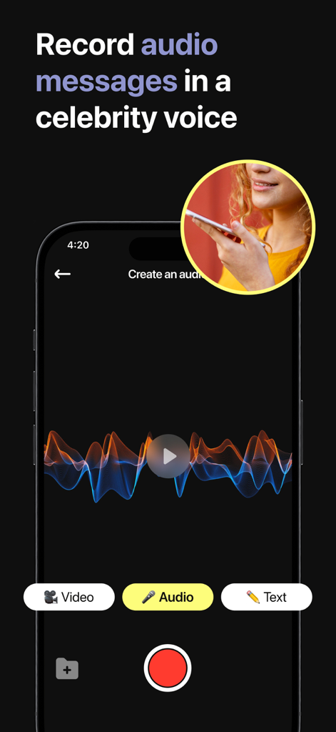 Benutzeroberfläche einer Stimmverzerrer-App, die einen Audioaufnahmebildschirm mit bunten Wellenformen und einer Aufnahmetaste zum Erstellen von Promi-Sprachnachrichten anzeigt