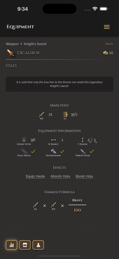 FFT Companion - Detailed equipment screen for the Excalibur sword in the FFT Companion app showing stats and damage formulas