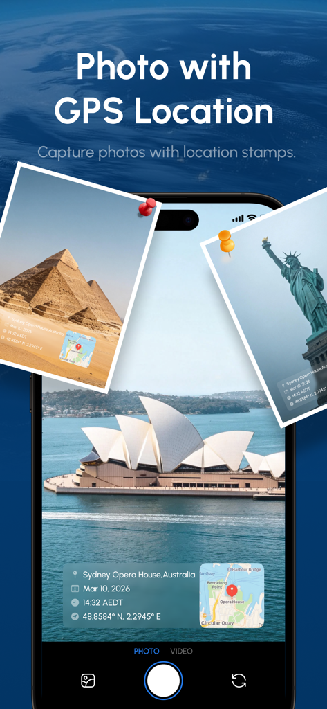 WorldScope: Live Earth Map - WorldScope app screenshot showing a camera interface with GPS location stamps on photos of global landmarks
