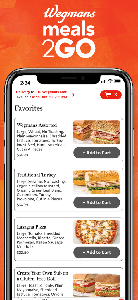 Smartphone screen displaying Wegmans Meals 2GO app favorites menu with sub sandwiches and pizza