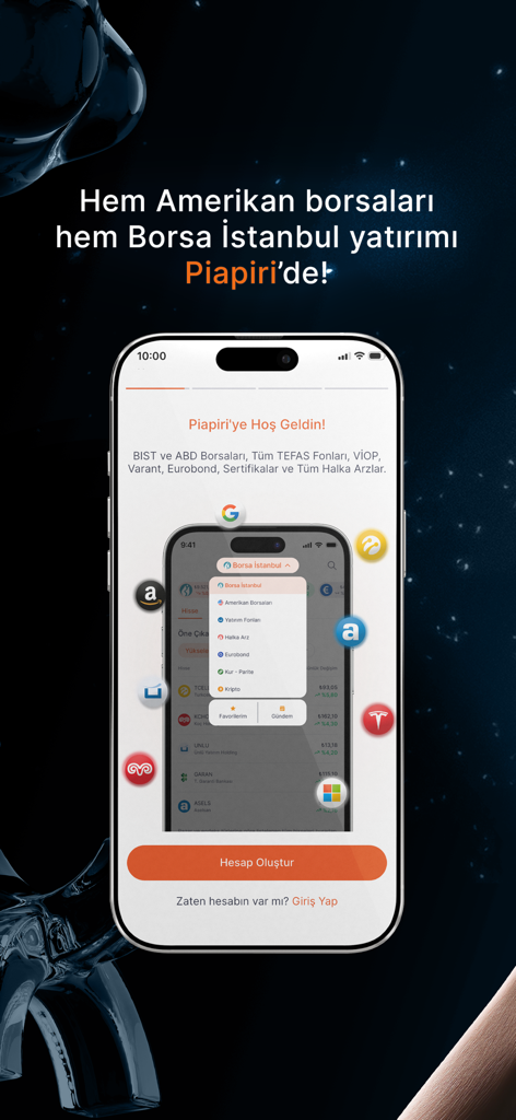 Piapiri Borsa Hisse Alım Satım - Piapiriアプリのインターフェース、米国およびトルコの株式市場投資用