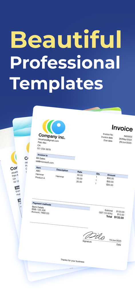 A stack of professional invoice templates with customizable logos and signatures.