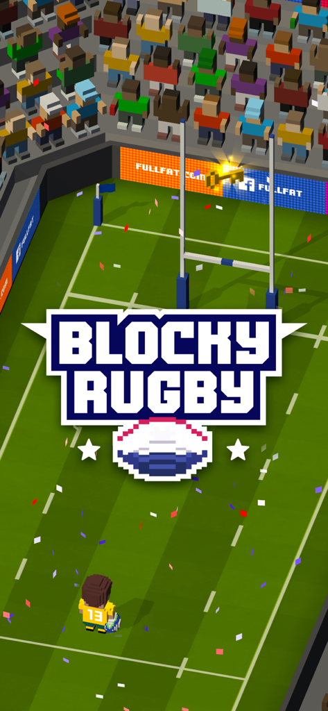 Blocky Rugby title screen with a voxel character on a green rugby field and blocky crowd background