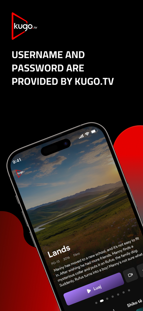 KUGO.TV - Interfaz de la aplicación de streaming KUGO.TV en un iPhone mostrando una pantalla de detalles de película con un botón de reproducción