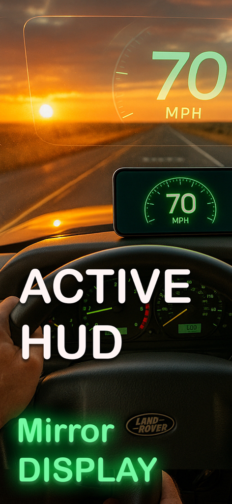 Speedometer Hud Simple - Speedometer app in HUD mode reflecting speed on a car windshield at sunset