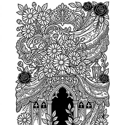 Dive into a world of melancholic beauty with this intricate Gothic daisy bouquet coloring page. Adorned with ornate Victorian lace and dark floral elements, it offers a captivating artistic challenge for adult colorists.