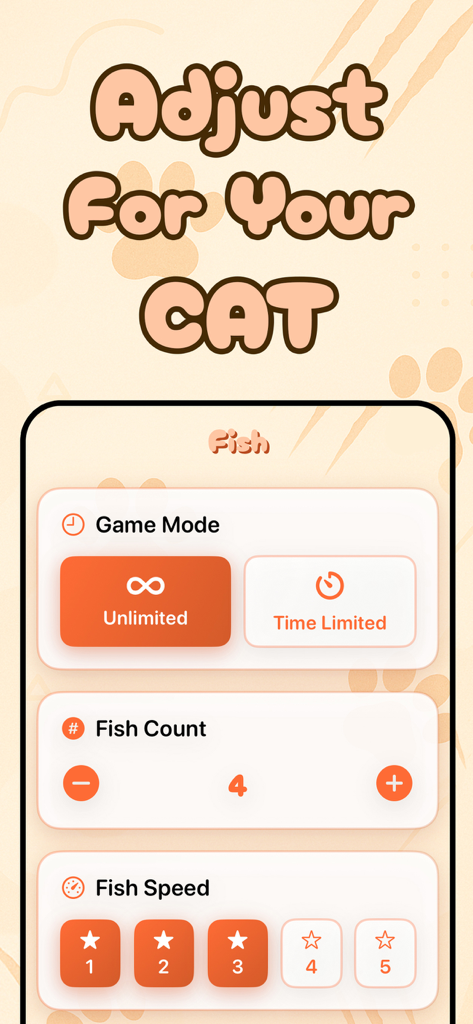 Games for Cats - Meowly - Interface mostrando configurações de jogo ajustáveis para gatos, incluindo velocidade e contagem de peixes.