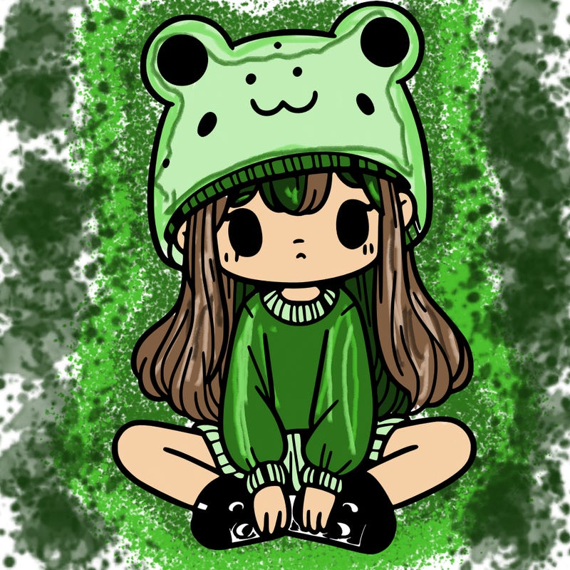 a girl wearing a frog hat and some frog socks