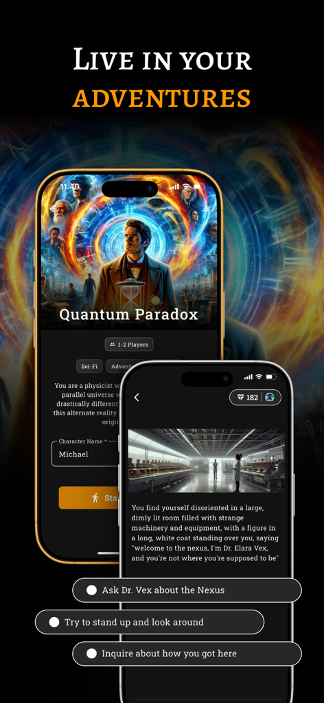 Mobile game screen of FableAI showing an interactive sci-fi RPG story titled Quantum Paradox with choice-based gameplay.