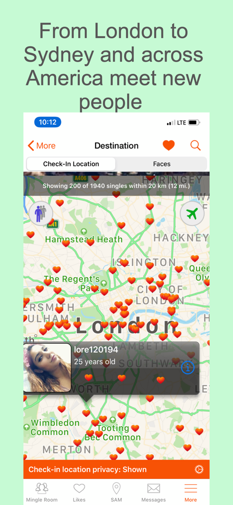 SinglesAroundMe Local dating - Interfaz de la aplicación SinglesAroundMe mostrando un mapa interactivo de Londres con pines de corazón que representan solteros locales