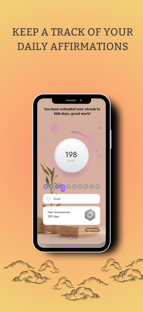 Safa's: Islamic Affirmations - Smartphone screen showing a 198-day streak counter in the Safa's Islamic Affirmations app with a minimalist design