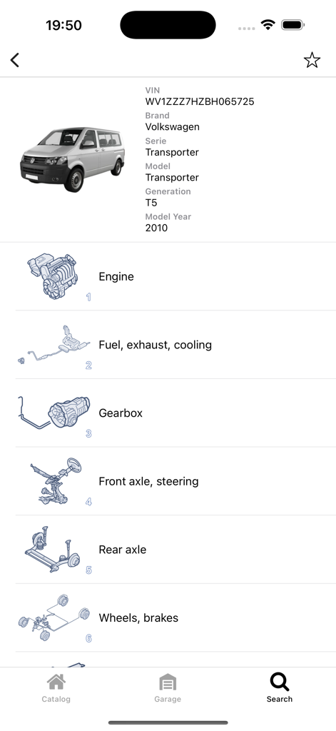 Car parts for Volkswagen - Volkswagen car parts catalog displaying technical categories by VIN for a 2010 Transporter