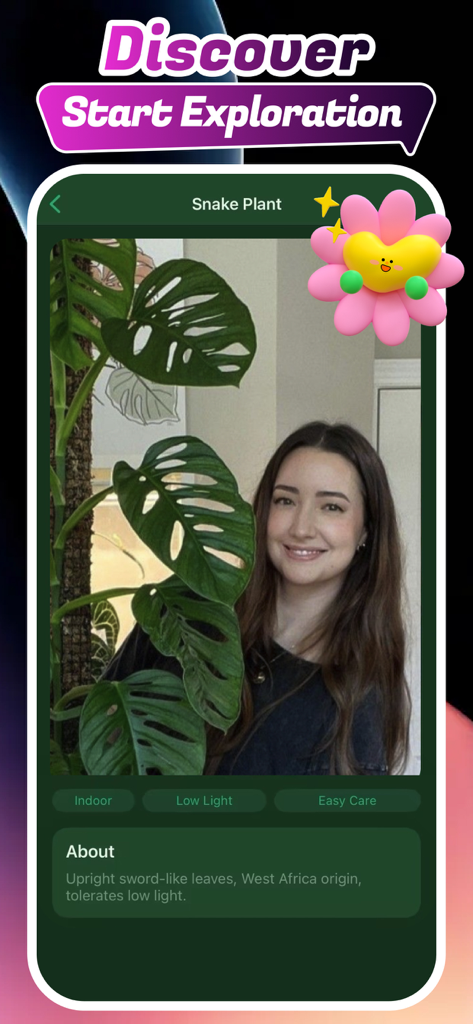 Zoen: Online Chat Friends - Zoenアプリのインターフェースで、ケア情報とコミュニティの写真が表示されたサンスベリアのプロファイルを示しています。