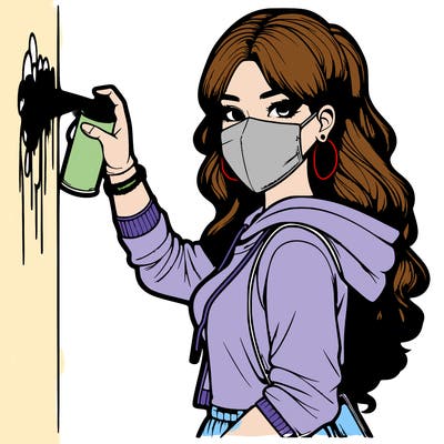 realistic girl with mask spray painting a wall