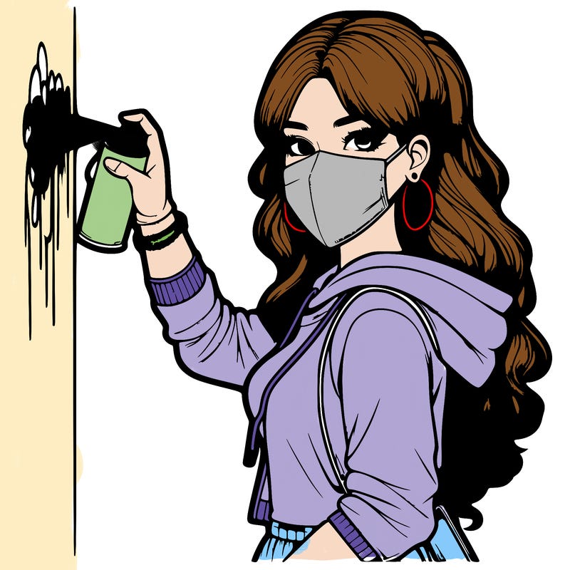 realistic girl with mask spray painting a wall