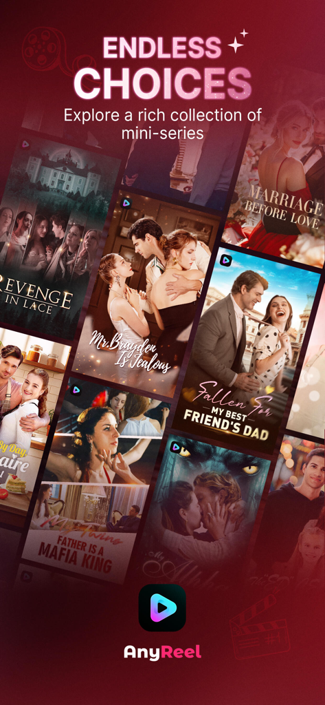 AnyReel - Good Short & Drama - A collection of vertical short drama posters and mini series titles on the AnyReel app interface