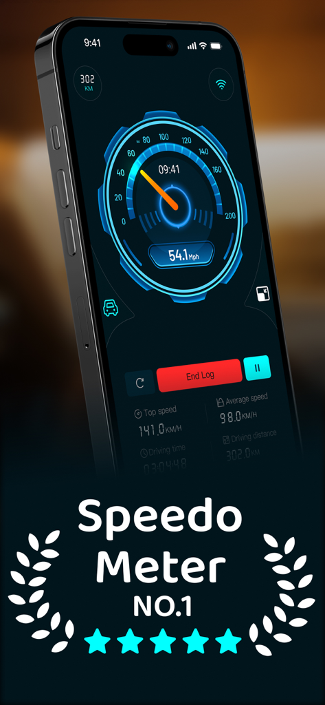 Speedometer GPS app on iPhone showing real-time speed tracking and driving logs with a futuristic digital interface.
