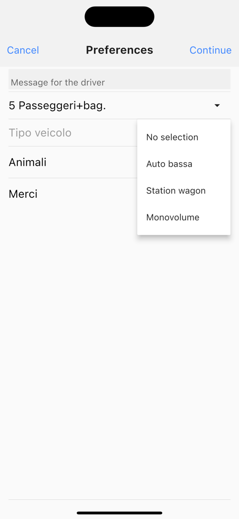 TAXI RIMINI - Taxi Rimini app booking preferences screen showing vehicle type selection and passenger options