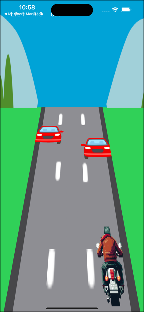 MotoRace: Oncoming Fury - A retro pixel art motorcycle racing game showing a rider on a highway dodging red cars