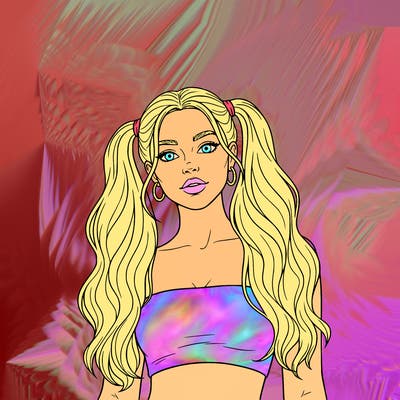 very cute girl with long hair strapless shirt and little pig tail in girls long hair on each side only neck and up and nails and earrings on the preppy girl