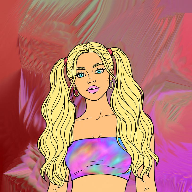 very cute girl with long hair strapless shirt and little pig tail in girls long hair on each side only neck and up and nails and earrings on the preppy girl