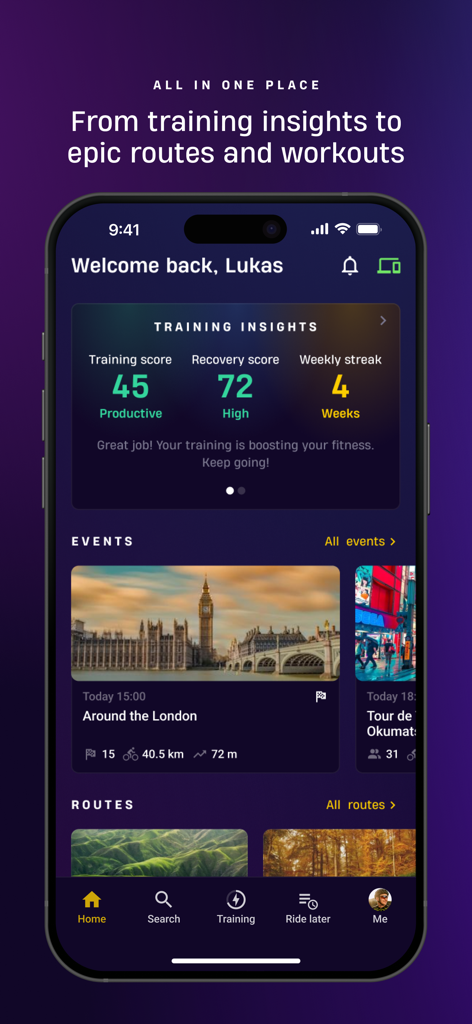 ROUVY Companion app home screen showing training metrics and cycling events