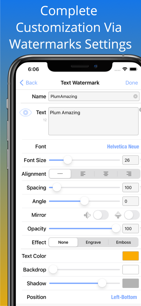 iWatermark+ Watermark Add Logo - Interface of iWatermark plus showing extensive text watermark customization options like font size opacity and effects