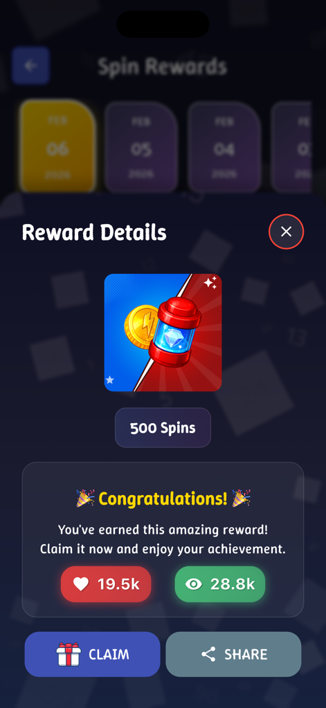 Reward screen in Spin Master app showing 500 free spins for Coin Master with a claim button