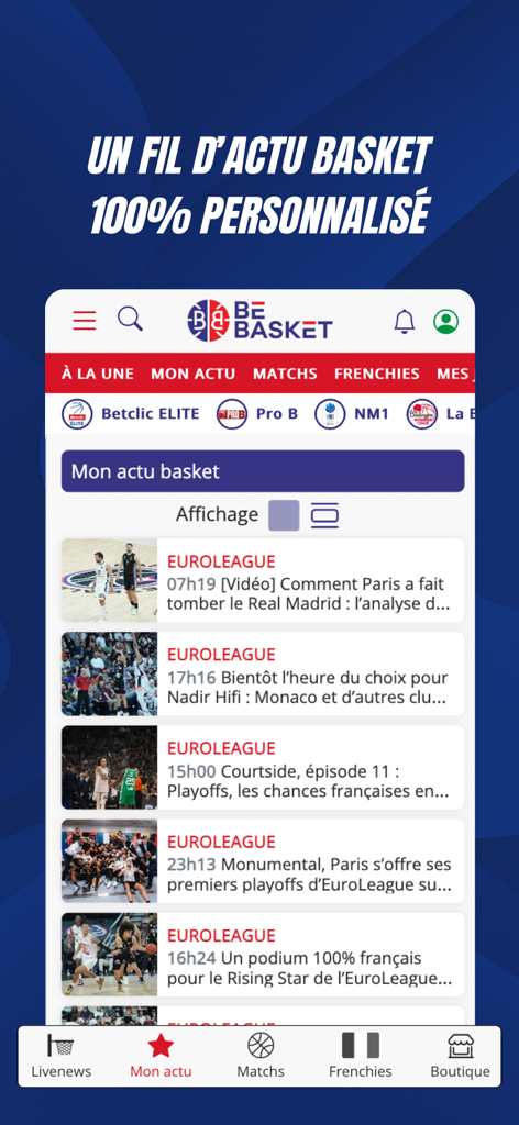 BeBasket.fr - BeBasket mobile app screen showing a personalized basketball news feed for French and international basketball fans