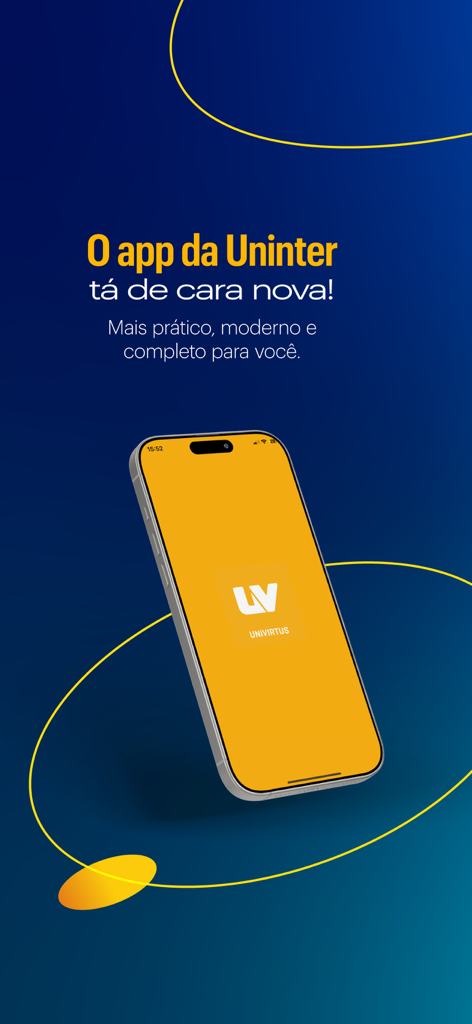 Tela de abertura do app Uninter em um smartphone mostrando a nova interface e o logotipo do Univirtus.