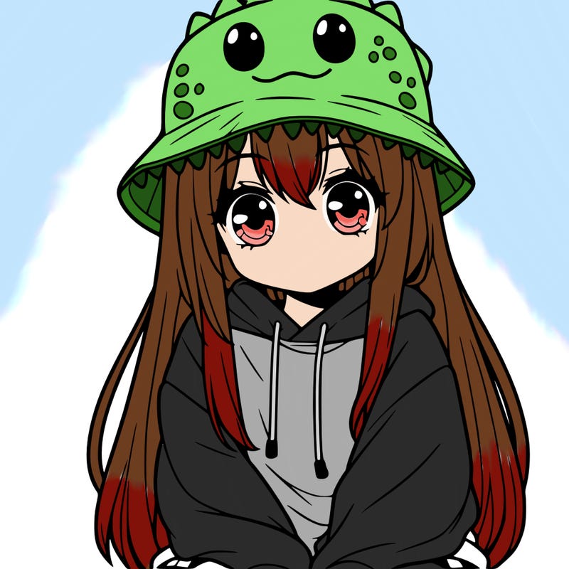 girl with anime shaped eyes with a dinosaur bucket hat oversized sweatshirt long straight hair
